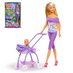 Steffi Love Doll Set| Steffi Love Baby Walk Toy| Steffi with Baby & Stroll| Set of 15+ Baby Essentials| Pretend Play Set| Ideal Gift for Girls Age 3+ (Pink)