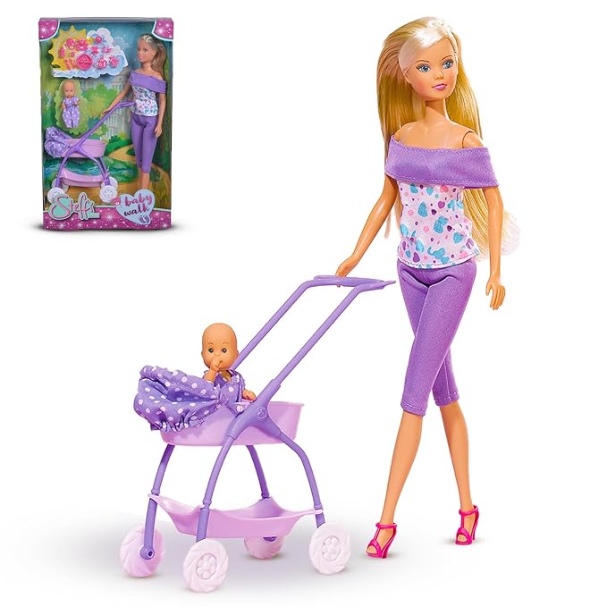 Steffi Love Doll Set| Steffi Love Baby Walk Toy| Steffi with Baby & Stroll| Set of 15+ Baby Essentials| Pretend Play Set| Ideal Gift for Girls Age 3+ (Pink)