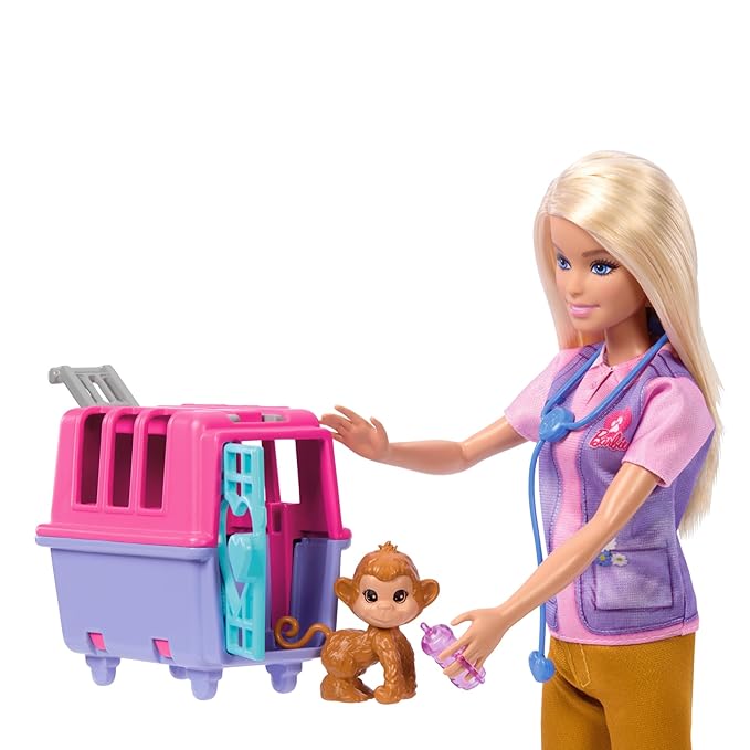 Barbie Careers Doll & Accessories, Animal Rescue & Recovery Playset with Blonde Doll, Baby Monkey & Tiger Figures, Carrier & More
