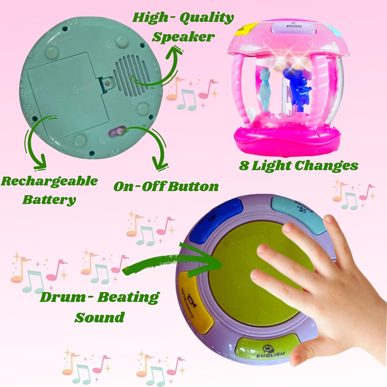 GRAPHENE Happy Horse Rotating Musical Drum Set for Toddlers Battery Operated Merry-Go-Round Toy with Lights Different Sounds & Lullaby Songs Multicolor (Pack of 1)