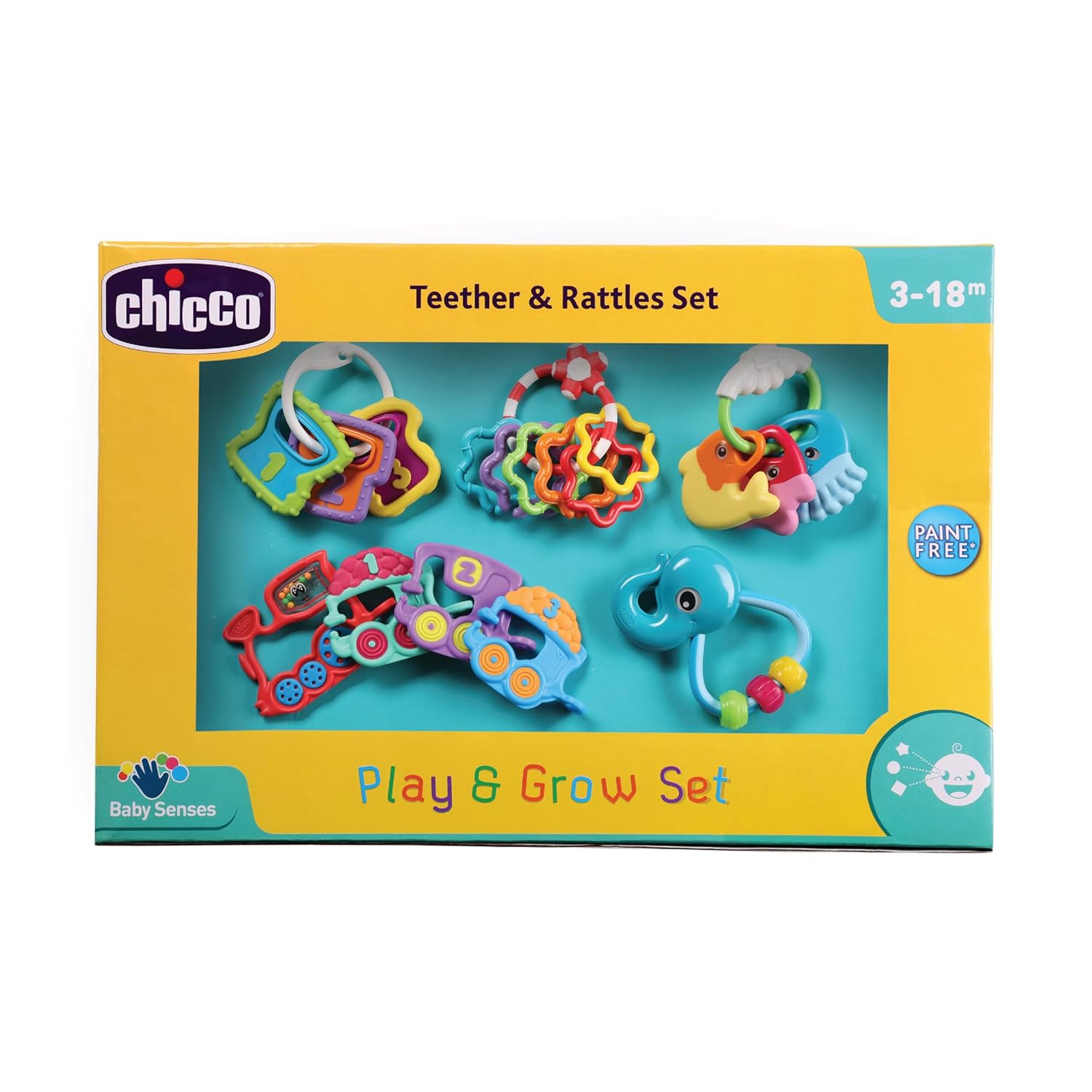 Chicco Start-Up Play Set |3-Piece Colourful Baby Rattle Toy Set for 3 to 18 Months |Enhances Early Development, Sensory Play & Motor Skills|Infant Toys|Paint-Free