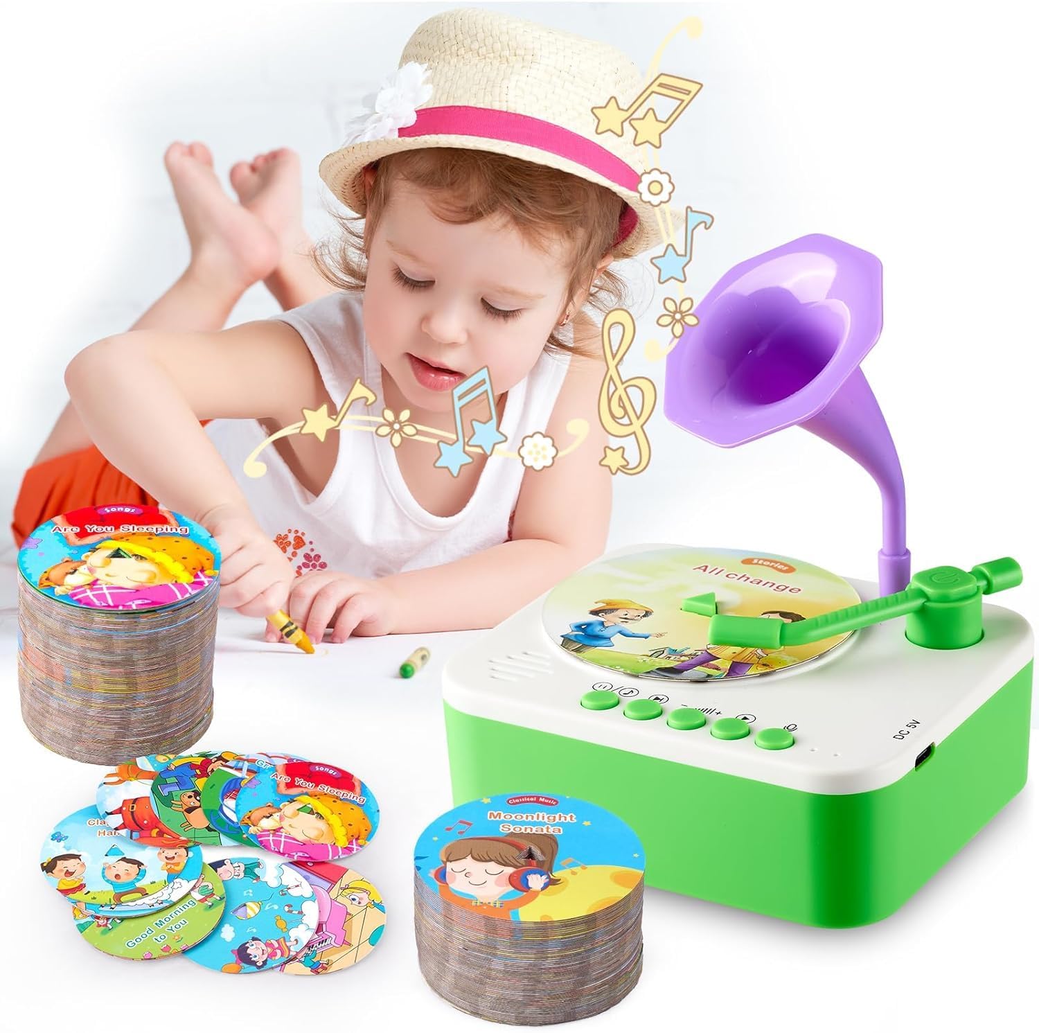 Kids Gramophone Music Player | Educational Phonograph Toy with 96 Story & Learning Cards,Toddler Early Learning Birthday Gift with Music, Rhymes & Stories for Boys & Girls Ages 6 Multicolor