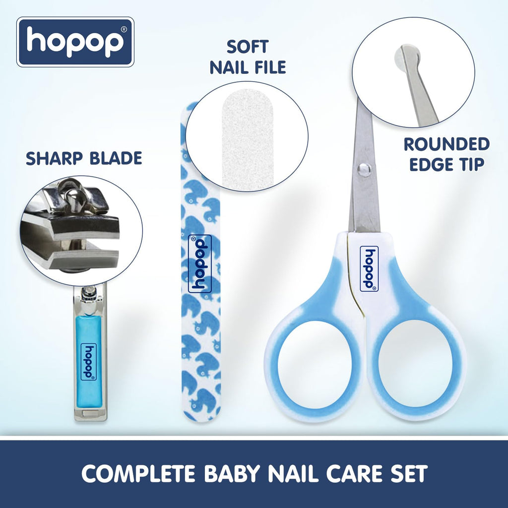 Hopop Grooming Kit for Newborn | 7 in 1 Baby Grooming Kit | Suitable for Newborns & Toddlers | Soft Bristle Hair Brush, Rounded Teeth Hair Comb, Nail Scissors, Nail Cutter, Nail File, Nose Cleaner, Finger Toothbrush with protective case | Blue