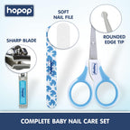Hopop Grooming Kit for Newborn | 7 in 1 Baby Grooming Kit | Suitable for Newborns & Toddlers | Soft Bristle Hair Brush, Rounded Teeth Hair Comb, Nail Scissors, Nail Cutter, Nail File, Nose Cleaner, Finger Toothbrush with protective case | Blue