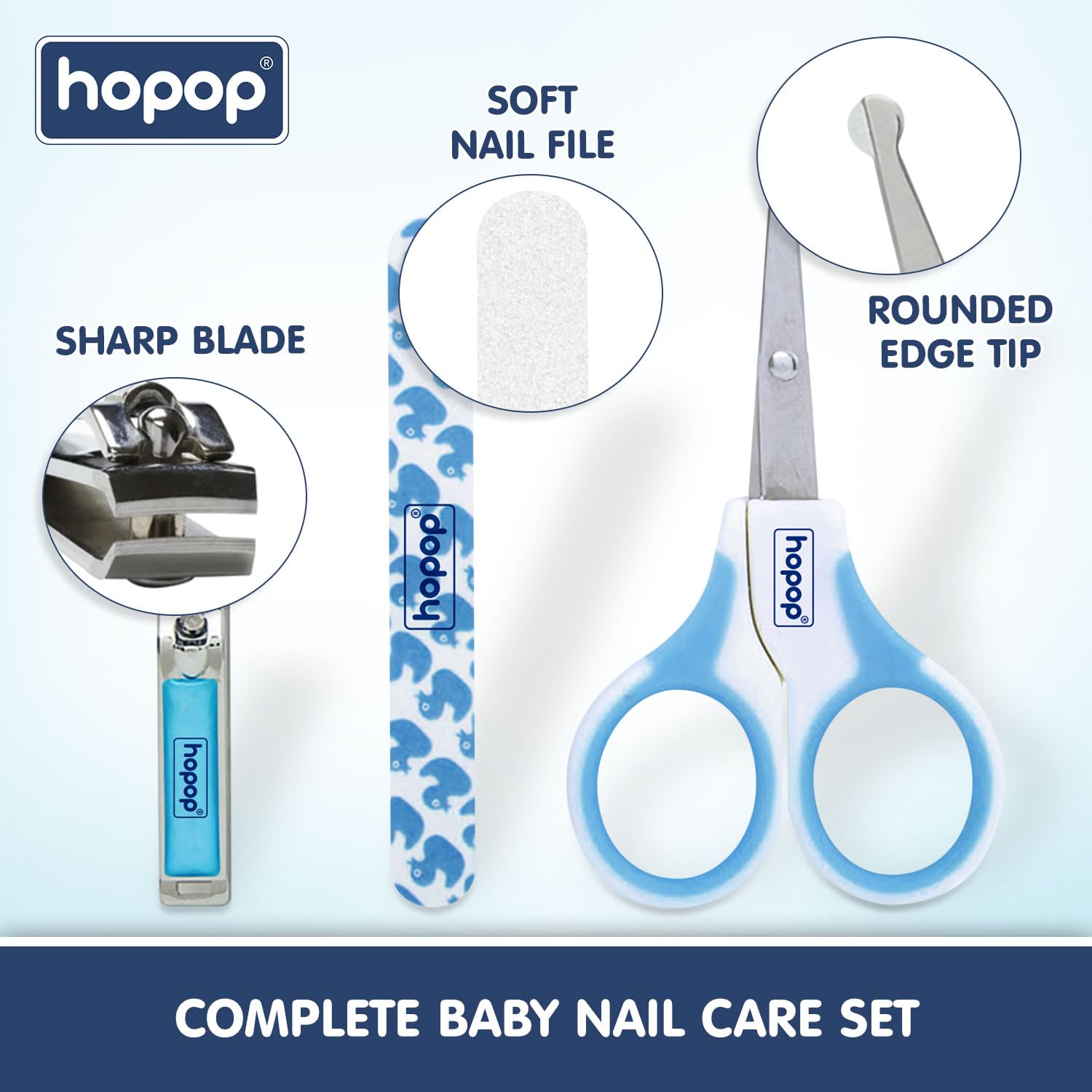 Hopop Grooming Kit for Newborn | 7 in 1 Baby Grooming Kit | Suitable for Newborns & Toddlers | Soft Bristle Hair Brush, Rounded Teeth Hair Comb, Nail Scissors, Nail Cutter, Nail File, Nose Cleaner, Finger Toothbrush with protective case | Blue