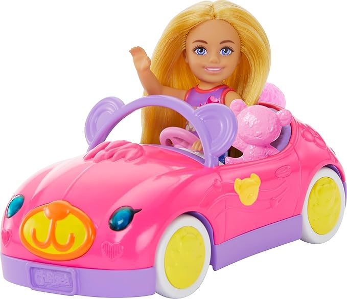 Barbie Chelsea Doll & Toy Car Set with Bear-Themed Convertible & Teddy Bear Accessory, Blonde Small Doll Wears Removable Skirt & Shoes