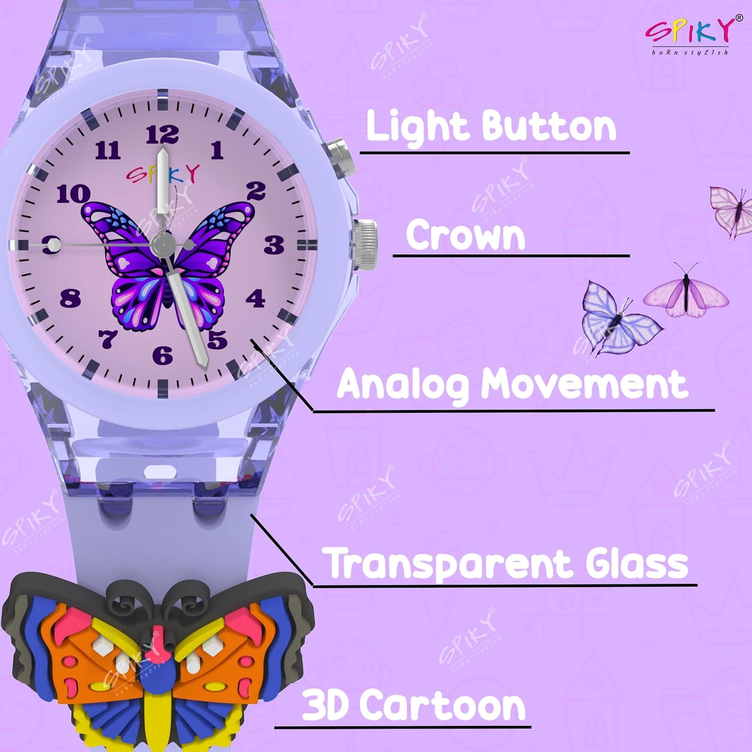 SPIKY Analog Watch for Kids | 3D Cartoon | 7 Multicolor LED Luminous Lights with Silicone Strap | Unisex Best Birthday Gift | Analogue Wrist Watches for Boys & Girls | Age 3-10 yrs