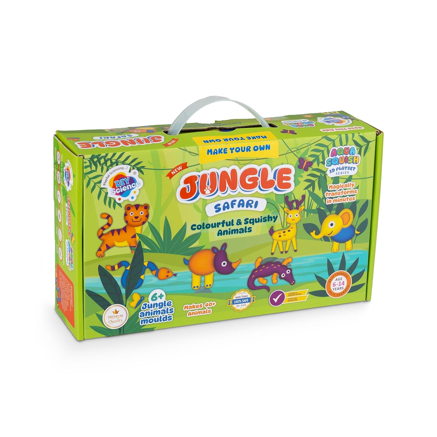 Jungle Safari Aqua Squish Kit | Make More Than 40 3D Colorful Soft and Squishy Jungle Animals | Magic Water Elf Gel Toys for Girls and Boys | 6 Animal Moulds | Ideal for Birthday Gift