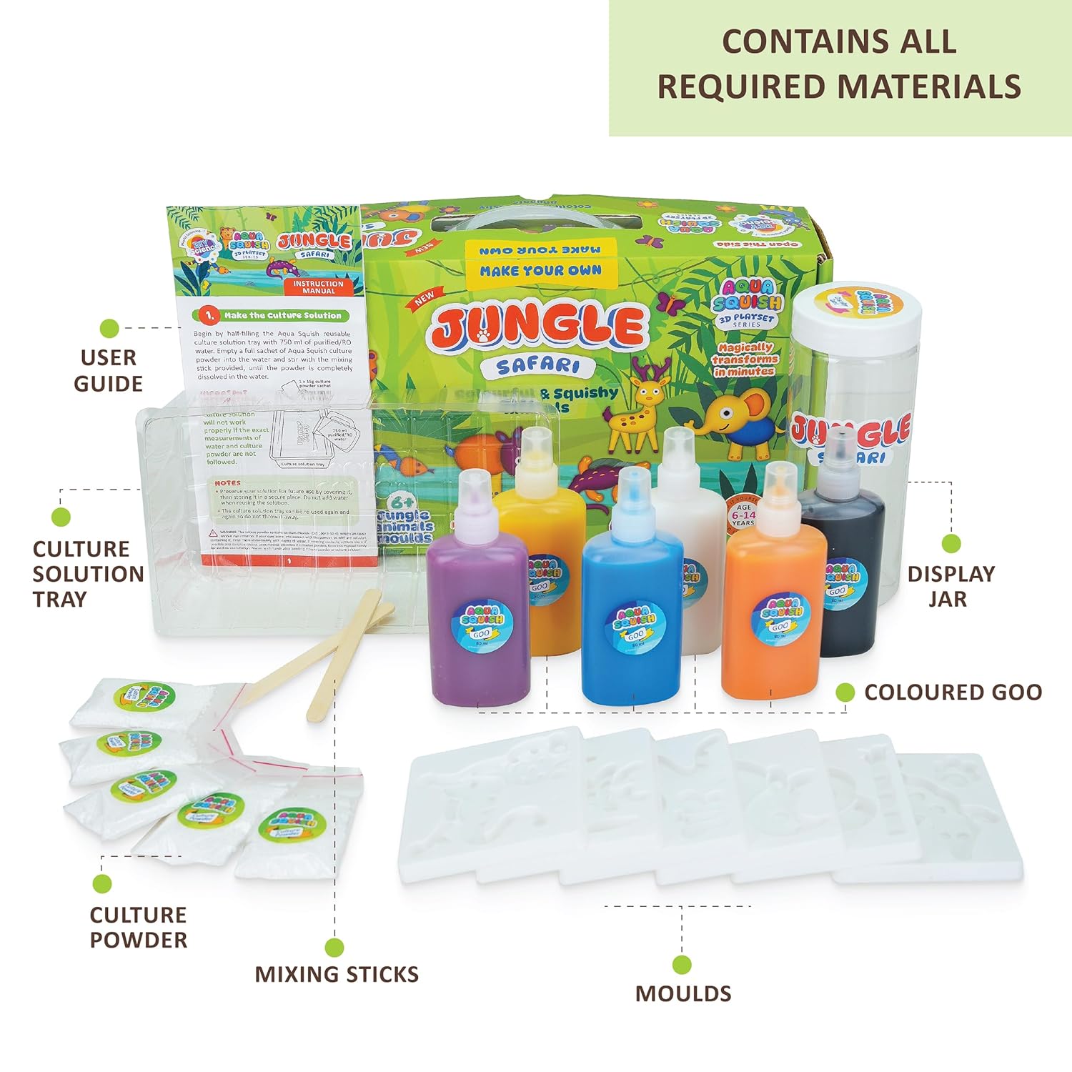 Jungle Safari Aqua Squish Kit | Make More Than 40 3D Colorful Soft and Squishy Jungle Animals | Magic Water Elf Gel Toys for Girls and Boys | 6 Animal Moulds | Ideal for Birthday Gift