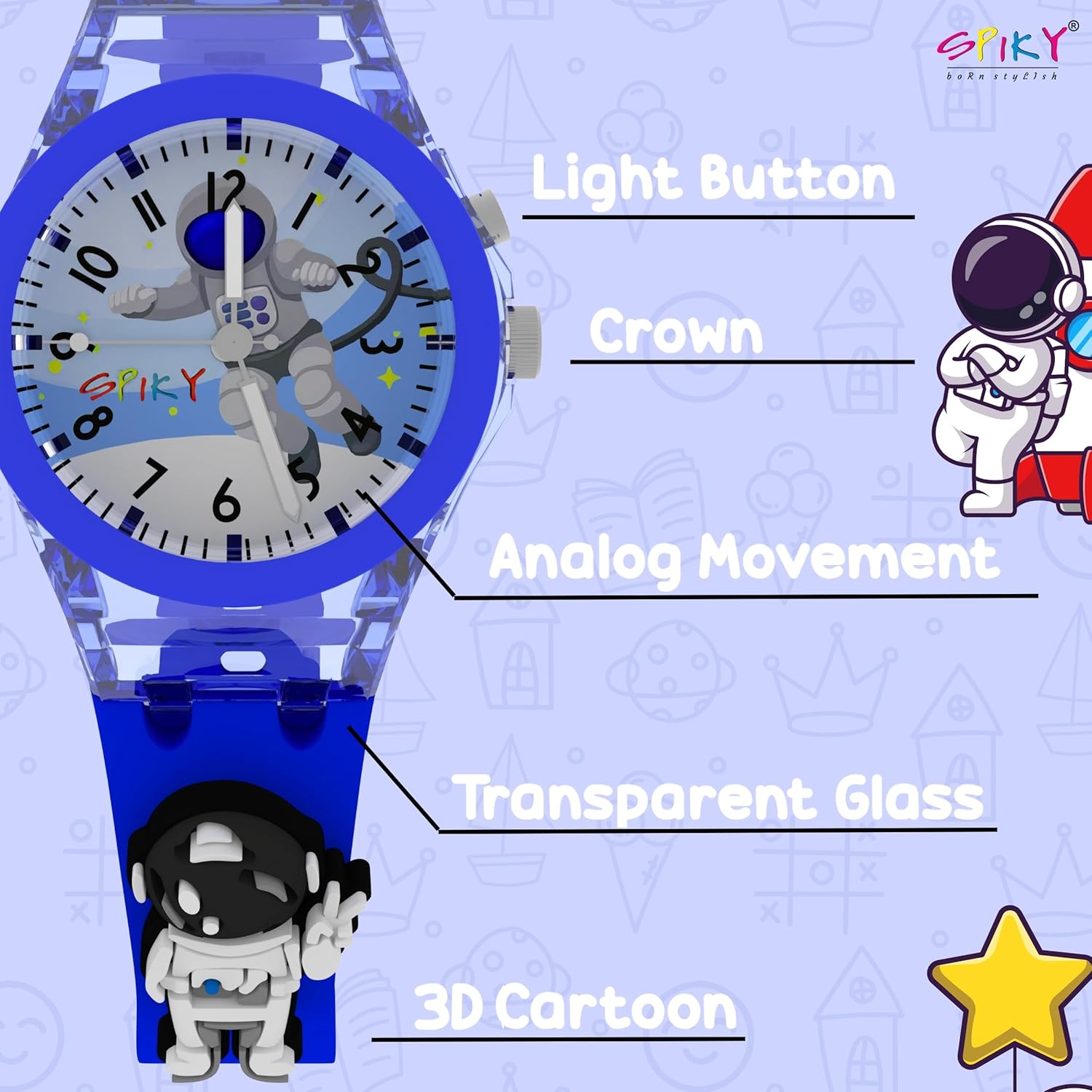 SPIKY Analog Watch for Kids | 3D Cartoon | 7 Multicolor LED Luminous Lights with Silicone Strap | Unisex Best Birthday Gift | Analogue Wrist Watches for Boys & Girls | Age 3-10 yrs