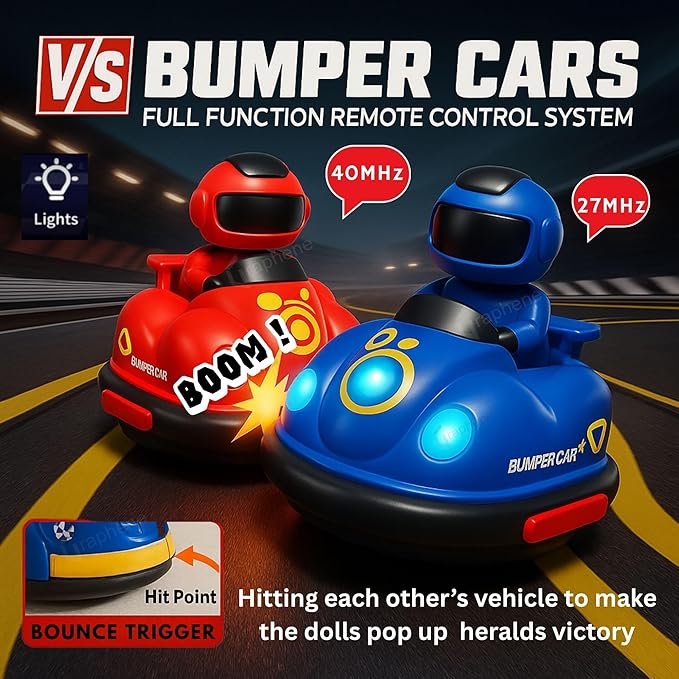 Remote Control Go Kart Racing Cars Set, 2.4GHz Rechargeable RC Bumper Cars with LED Lights, Red and Blue, 2-Pack, with Ejecting Drivers, Multiplayer Battle Game for Kids, Ages 4+