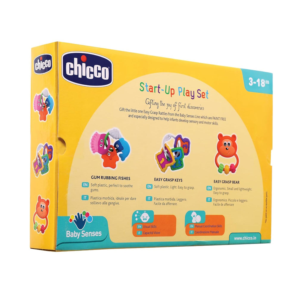 Chicco Start-Up Play Set |3-Piece Colourful Baby Rattle Toy Set for 3 to 18 Months |Enhances Early Development, Sensory Play & Motor Skills|Infant Toys|Paint-Free