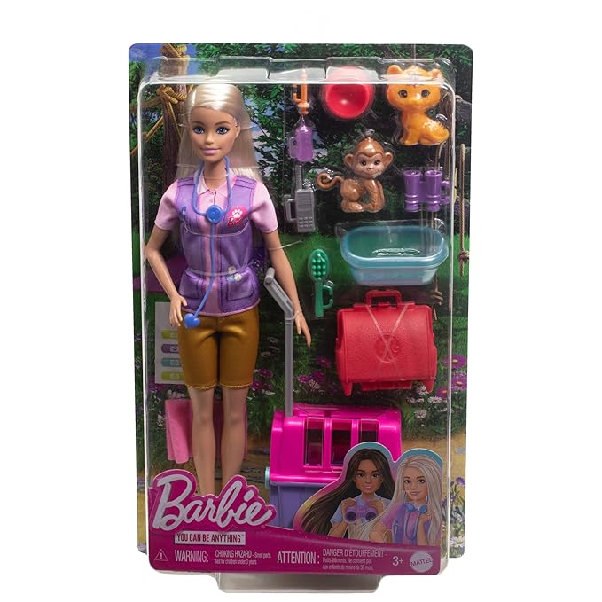 Barbie Careers Doll & Accessories, Animal Rescue & Recovery Playset with Blonde Doll, Baby Monkey & Tiger Figures, Carrier & More