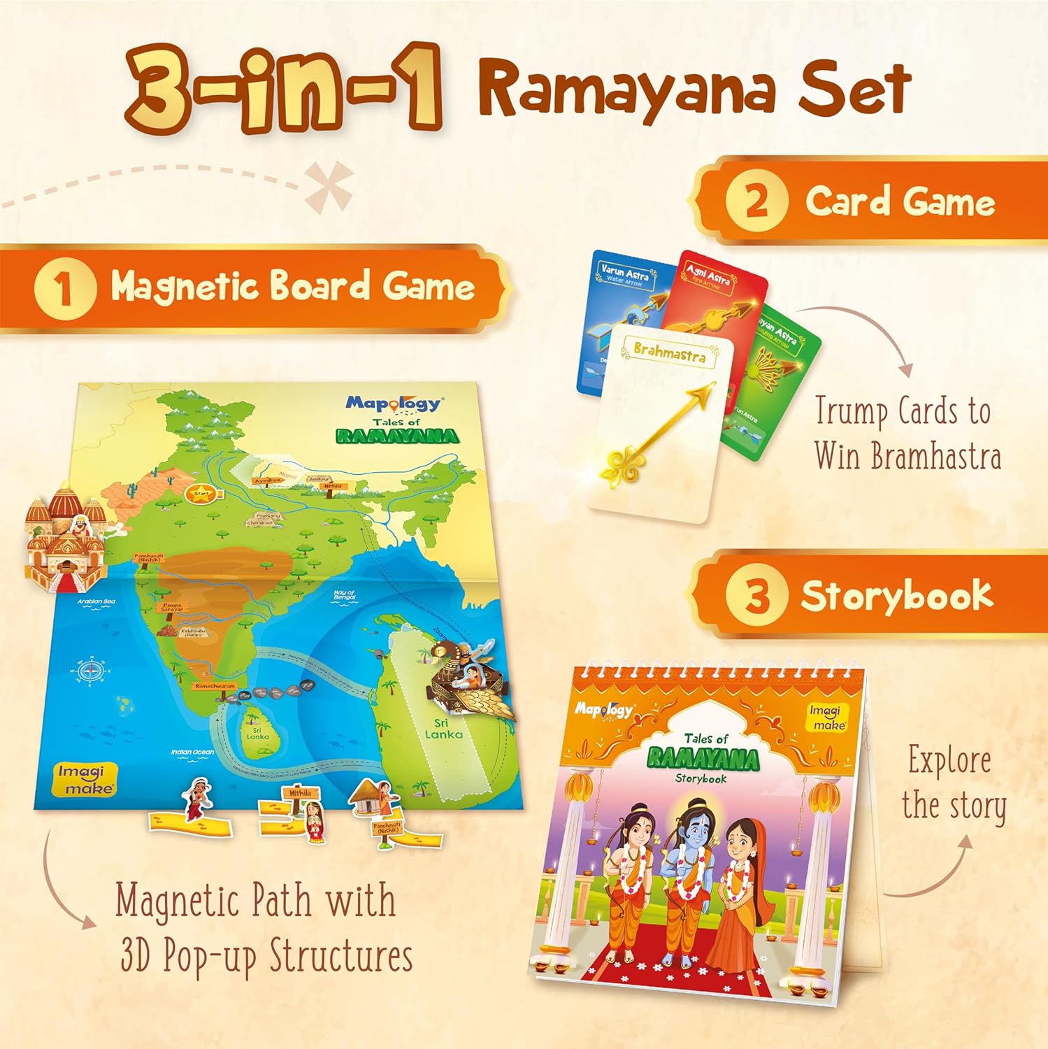 Imagimake Mapology Tales of Ramayana | 3-in-1 Fun Family Board Game | Magnetic Path Puzzle | Ramayana Storybook | Trump Cards| Gifts for Kids Age 8,9,10,11,12