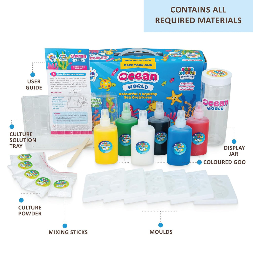 Ocean World Aqua Squish Kit | Make More Than 40 3D Colorful Soft and Squishy Sea Creatures | Magic Water Elf Gel Toys for Girls and Boys | 6 Undersea Creatures Moulds