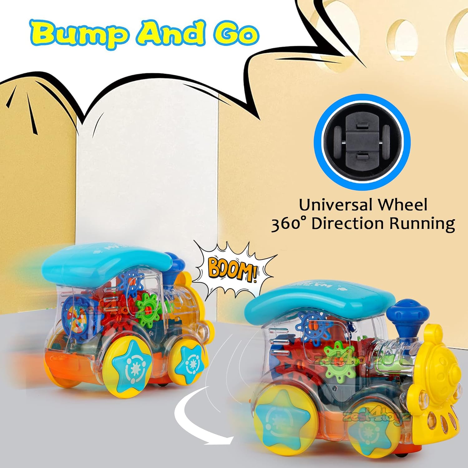 Zest 4 Toyz Gear Toys Kids Transparent Gear Train Engine Musical Sound Toy with Lights Bump and Go Toys for Boys Girls (Pack of 1) Multicolor