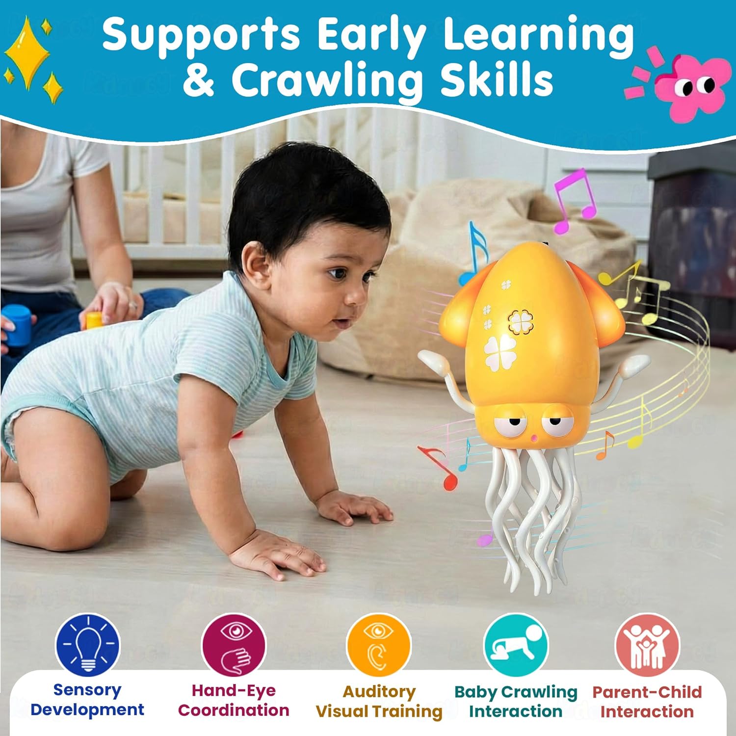 Dancing Octopus Baby Toy | Electric Crawling & Swinging Squid, Interactive Tummy Time Toy for Kids 3+ Years | Musical & Sensory Fun, Birthday Gifts for Boys & Girls (Yellow)