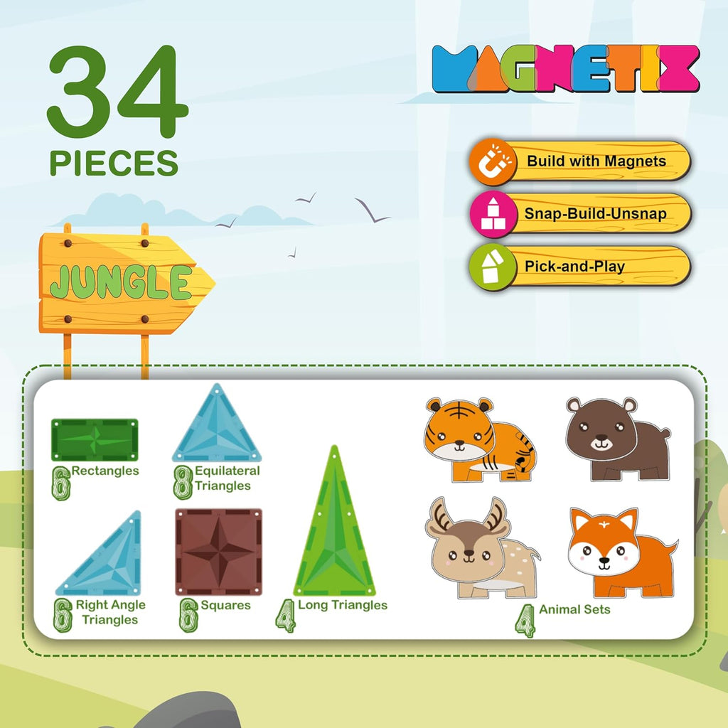 Magnetix - Jungle Child's First Construction Set, STEAM Educational Toy, Magnetic Building Set for Boys and Girls Age 3+ - Pieces: 34