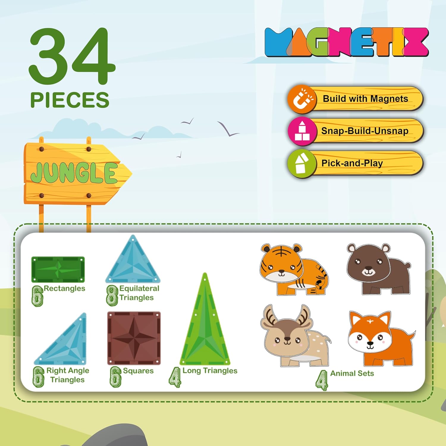 Magnetix - Jungle Child's First Construction Set, STEAM Educational Toy, Magnetic Building Set for Boys and Girls Age 3+ - Pieces: 34