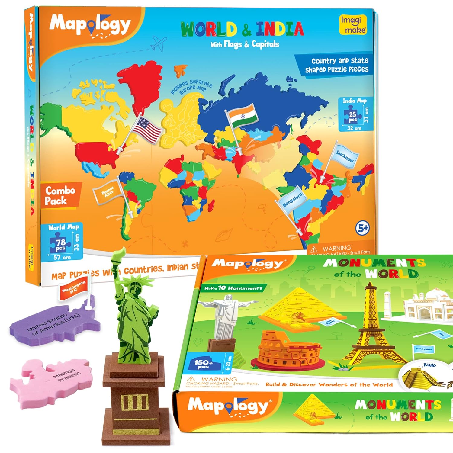 Imagimake: Mapology India and World Maps with Capitals - Learn Capitals and Country Flags - Educational Toy for Kids Above 5 Years, Multicolor