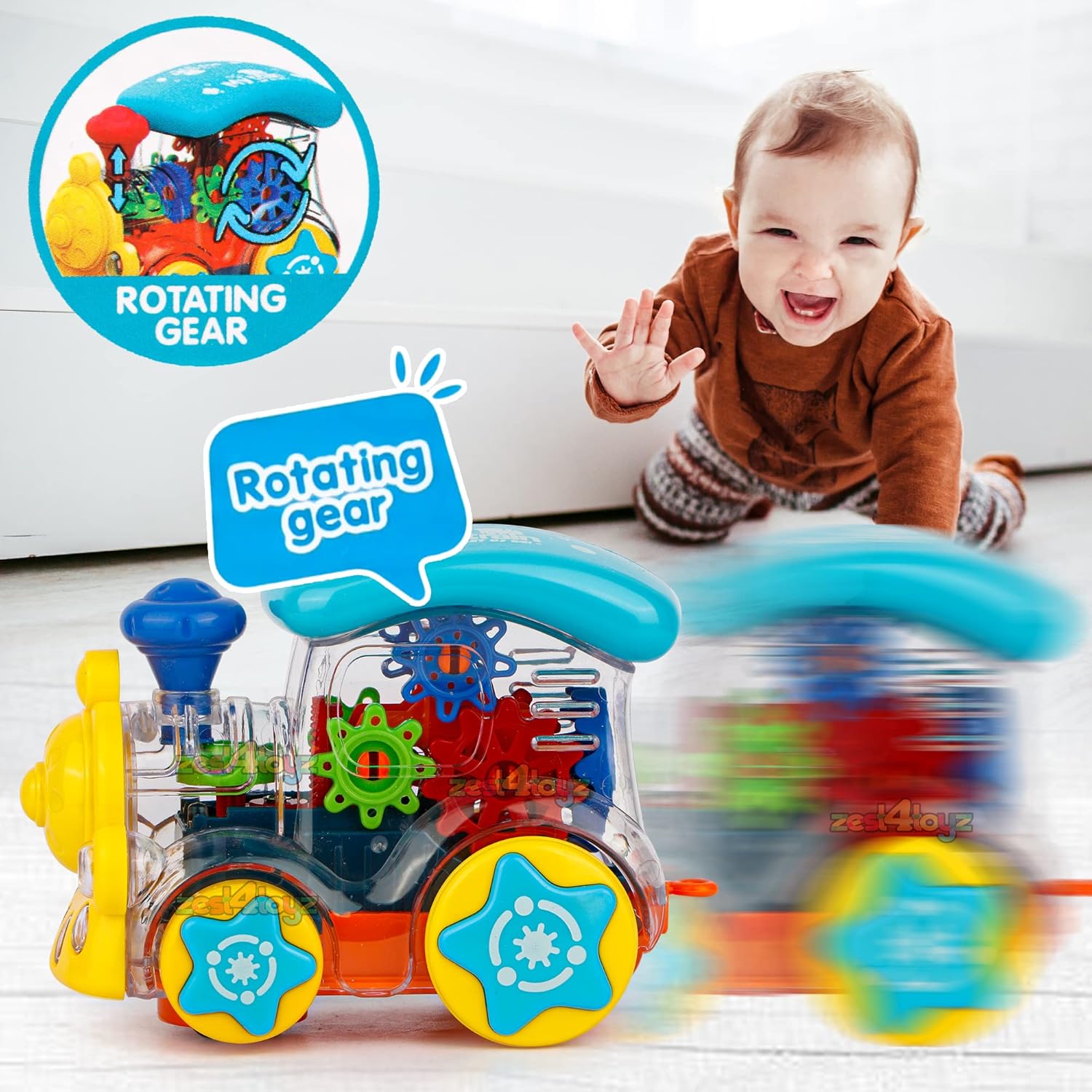 Zest 4 Toyz Gear Toys Kids Transparent Gear Train Engine Musical Sound Toy with Lights Bump and Go Toys for Boys Girls (Pack of 1) Multicolor