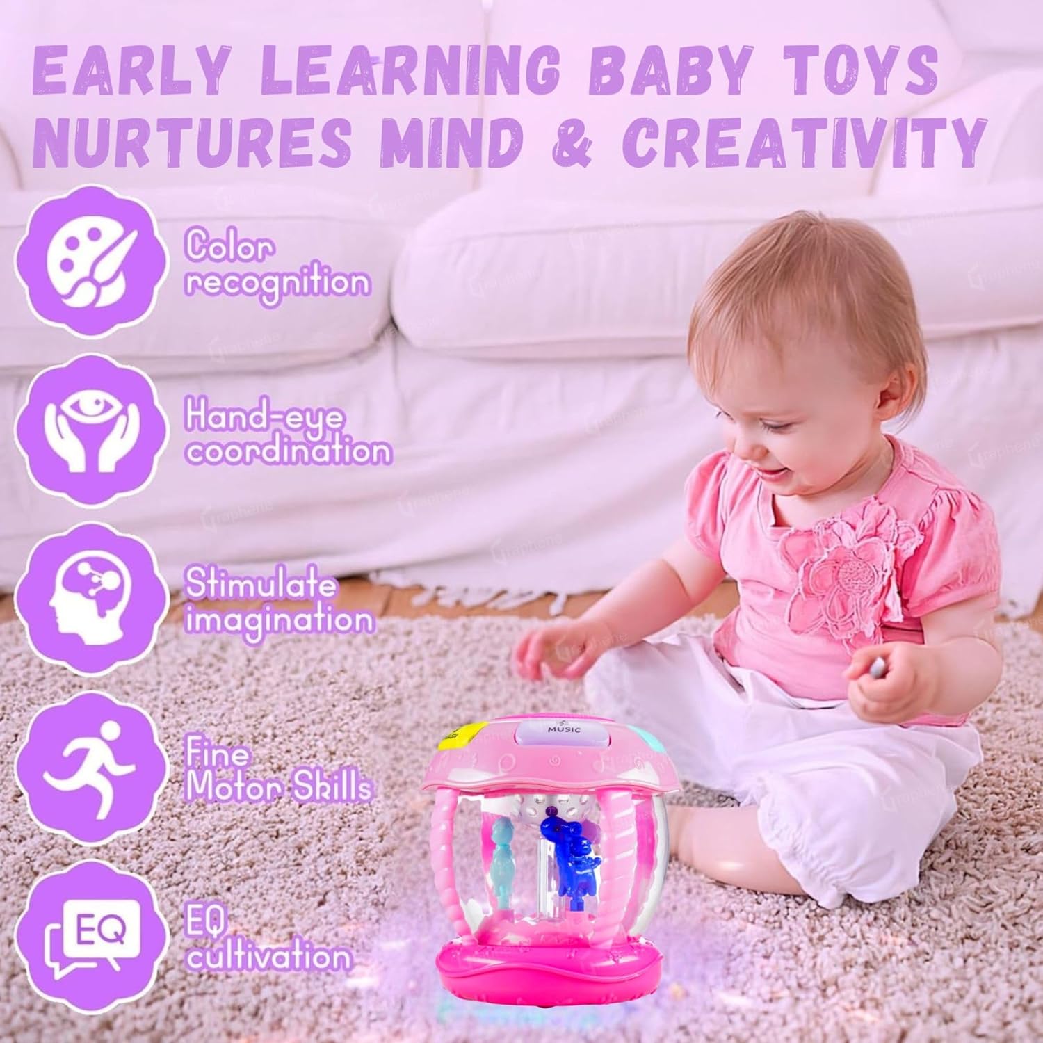 GRAPHENE Happy Horse Rotating Musical Drum Set for Toddlers Battery Operated Merry-Go-Round Toy with Lights Different Sounds & Lullaby Songs Multicolor (Pack of 1)