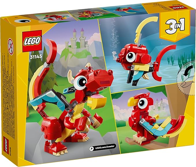 LEGO 31145 Creator 3in1 Red Dragon Toy to Fish Figure to Phoenix Model, Animal Set for Kids, Gift Idea for Boys and Girls Aged 6 and Up