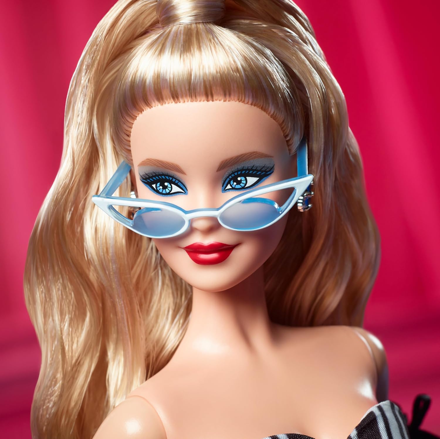 Barbie Signature Doll, 65th Anniversary Collectible with Blonde Hair, Black and White Gown, Sapphire Gem Earrings and Sunglasses