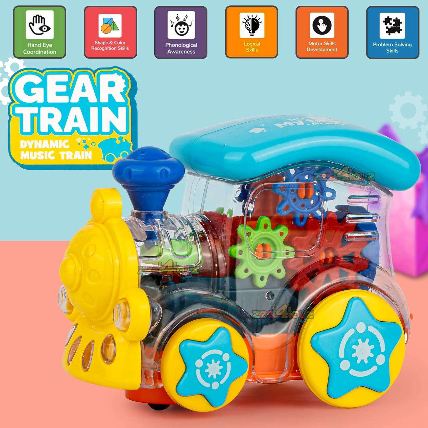 Zest 4 Toyz Gear Toys Kids Transparent Gear Train Engine Musical Sound Toy with Lights Bump and Go Toys for Boys Girls (Pack of 1) Multicolor