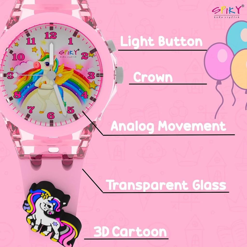 SPIKY Analog Watch for Kids | 3D Cartoon | 7 Multicolor LED Luminous Lights with Silicone Strap | Unisex Best Birthday Gift | Analogue Wrist Watches for Boys & Girls | Age 3-10 yrs