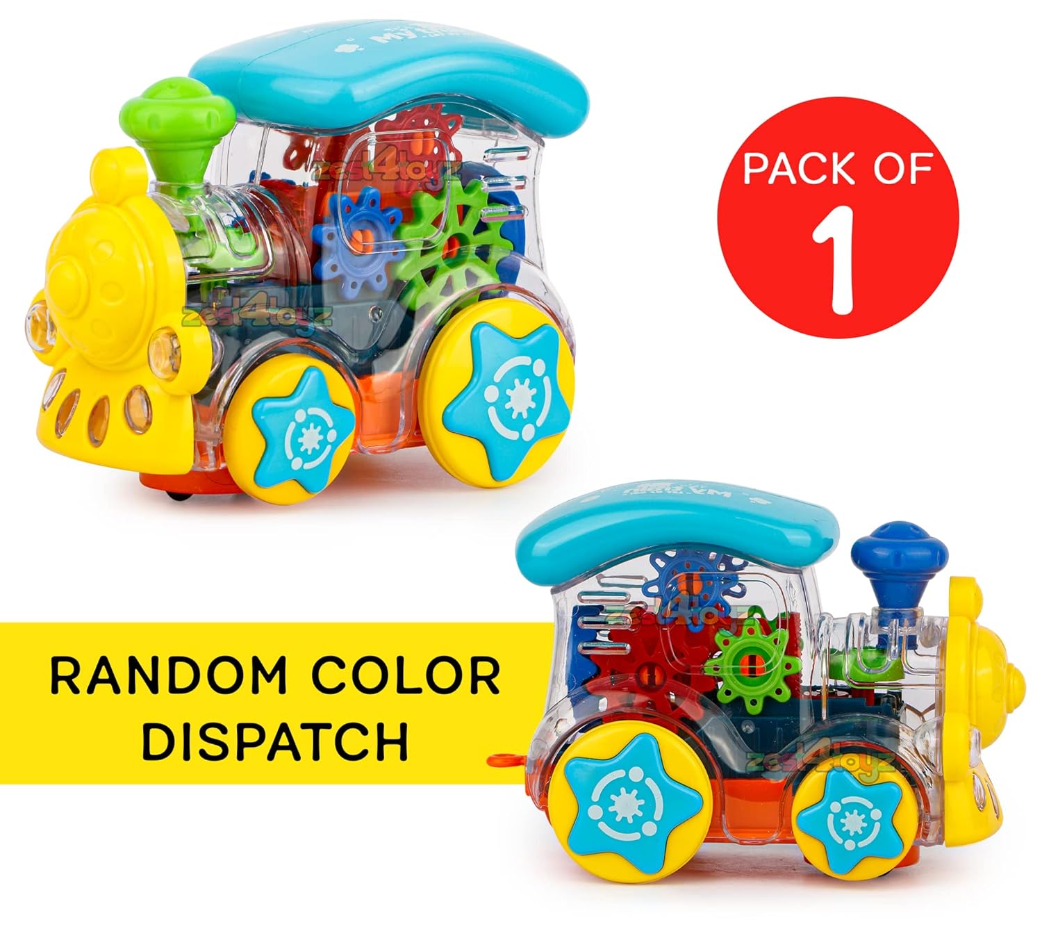 Zest 4 Toyz Gear Toys Kids Transparent Gear Train Engine Musical Sound Toy with Lights Bump and Go Toys for Boys Girls (Pack of 1) Multicolor