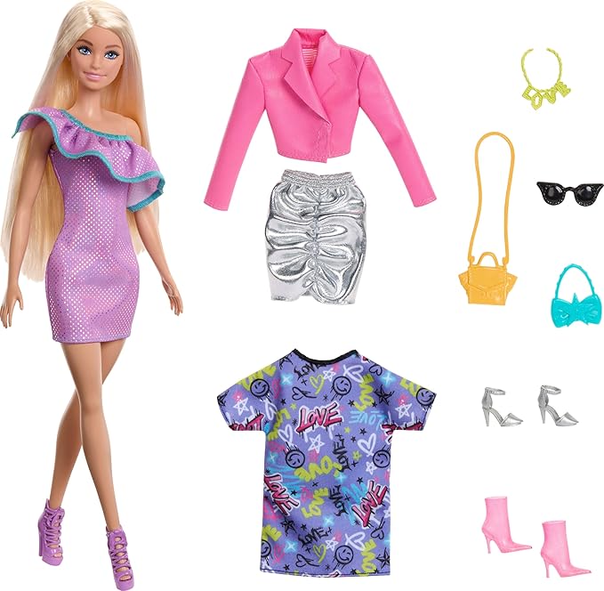 Barbie Doll with Clothes and Accessories, Blond Hair and 3 Party-Themed Mix-and-Match Outfits Including Dresses, Purses and Heels