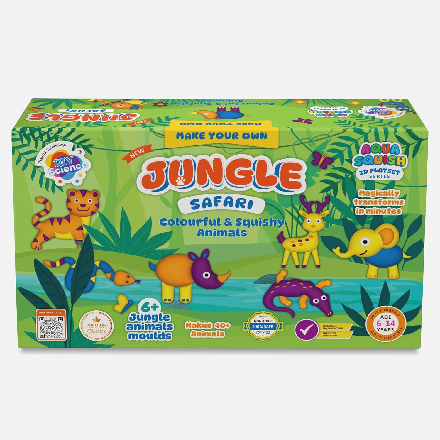 Jungle Safari Aqua Squish Kit | Make More Than 40 3D Colorful Soft and Squishy Jungle Animals | Magic Water Elf Gel Toys for Girls and Boys | 6 Animal Moulds | Ideal for Birthday Gift