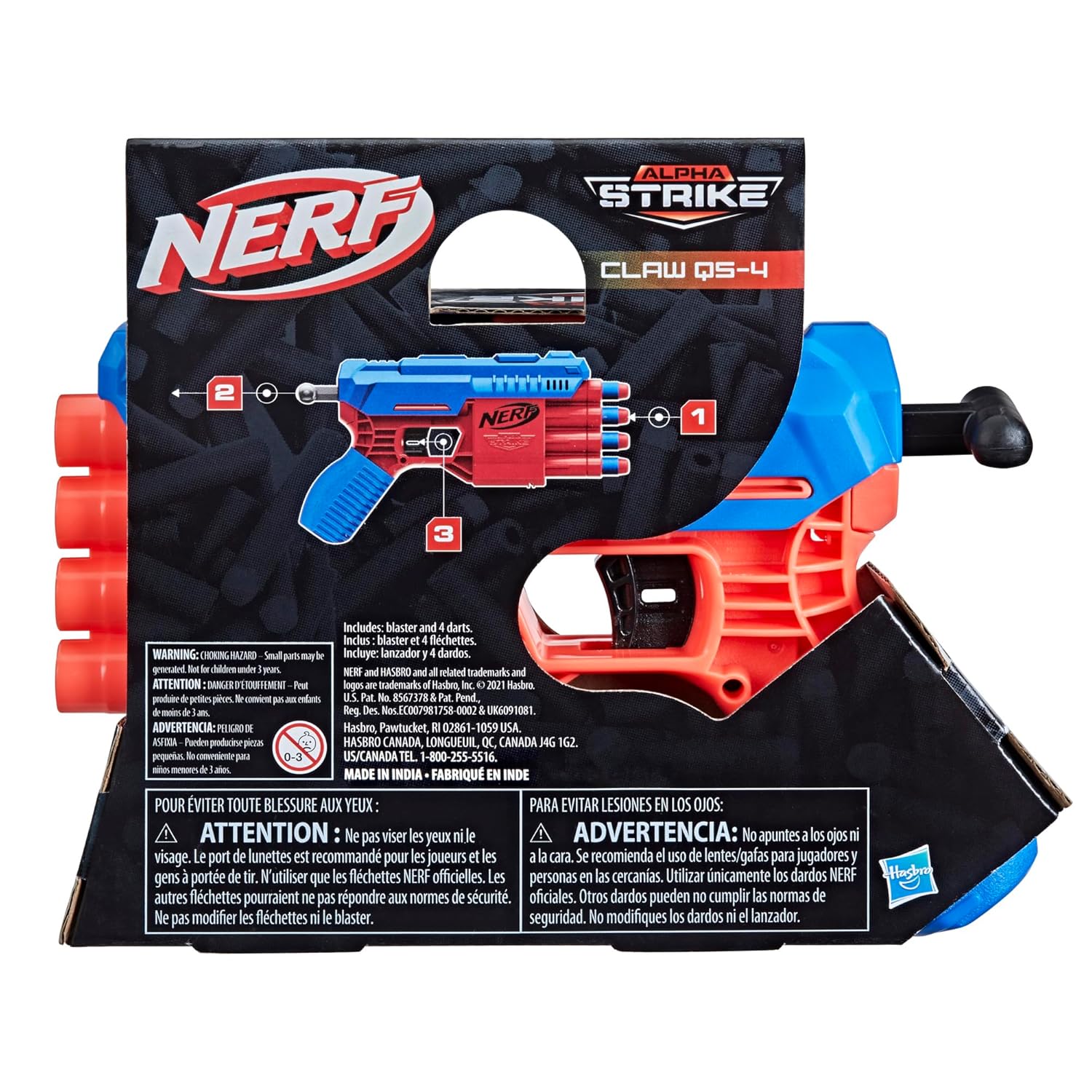 Nerf Alpha Strike Claw Qs-4 Blaster 4 Official Nerf Elite Foam Darts,Multicolor