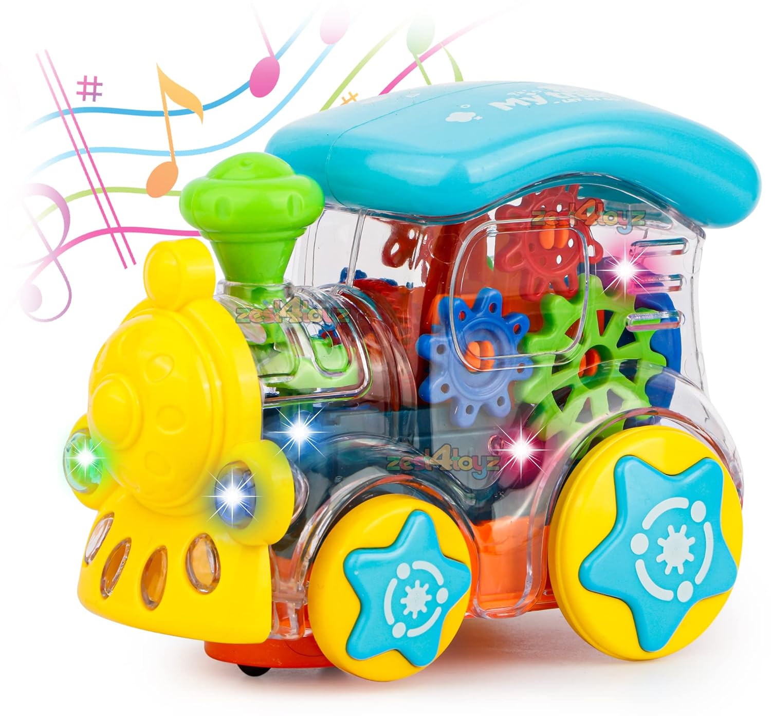 Zest 4 Toyz Gear Toys Kids Transparent Gear Train Engine Musical Sound Toy with Lights Bump and Go Toys for Boys Girls (Pack of 1) Multicolor