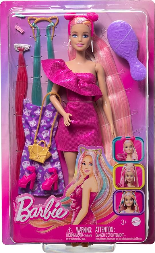 Barbie® Doll, Fun & Fancy™ Hair with Extra-Long Colorful Blonde Hair and Glossy Pink Dress, 10 Hair and Fashion Play Accessories