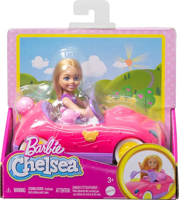 Barbie Chelsea Doll & Toy Car Set with Bear-Themed Convertible & Teddy Bear Accessory, Blonde Small Doll Wears Removable Skirt & Shoes