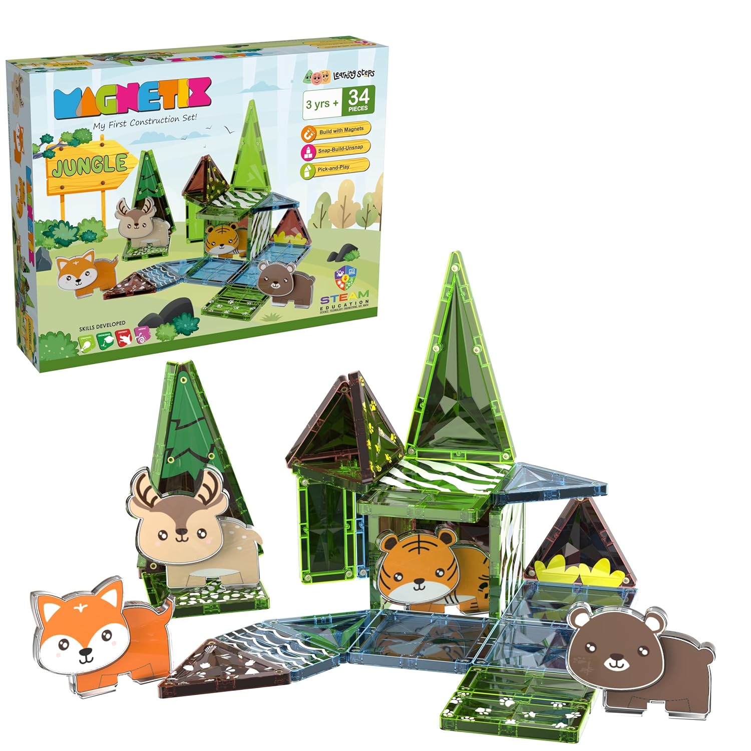 Magnetix - Jungle Child's First Construction Set, STEAM Educational Toy, Magnetic Building Set for Boys and Girls Age 3+ - Pieces: 34