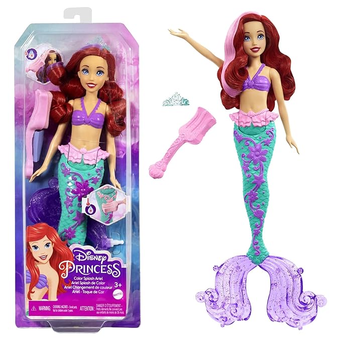 Disney Princess Toys, Ariel Mermaid Doll with Color-Change Hair and Tail, Color Splash Water Toy Inspired by The Movie