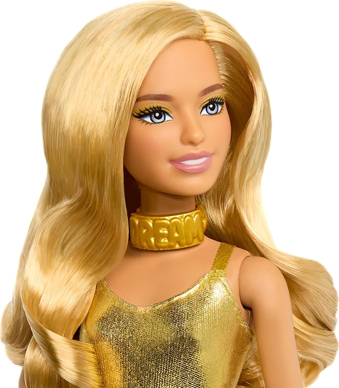 Barbie Fashionistas Doll #222, Petite Body Type with Blonde Wavy Hair, Golden Jumpsuit & Accessories, 65th Anniversary Collectible Fashion Doll