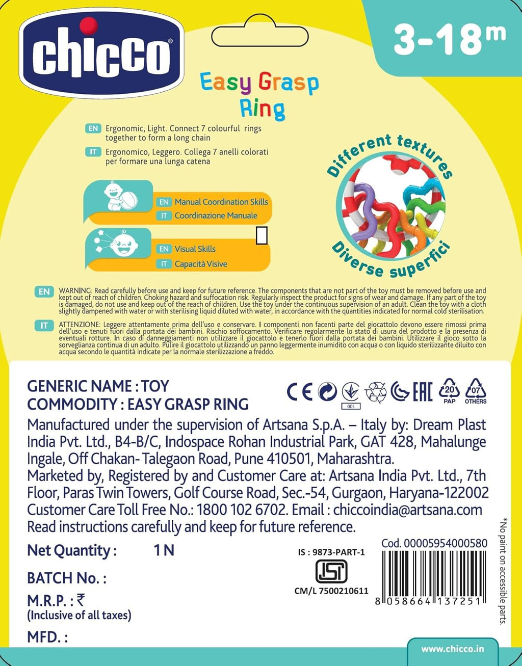 Chicco Easy Grasp Rings| Rattle for Babies, Infants & Toddlers of 3 to 18 months| 6 Detachable Colorful Rings for Sensory Play |Paint-free