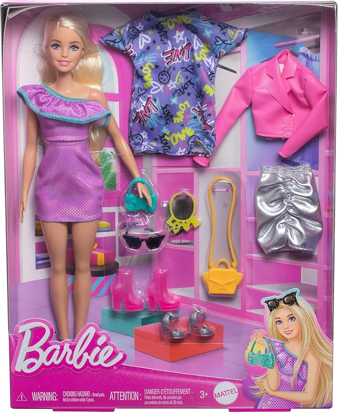 Barbie Doll with Clothes and Accessories, Blond Hair and 3 Party-Themed Mix-and-Match Outfits Including Dresses, Purses and Heels