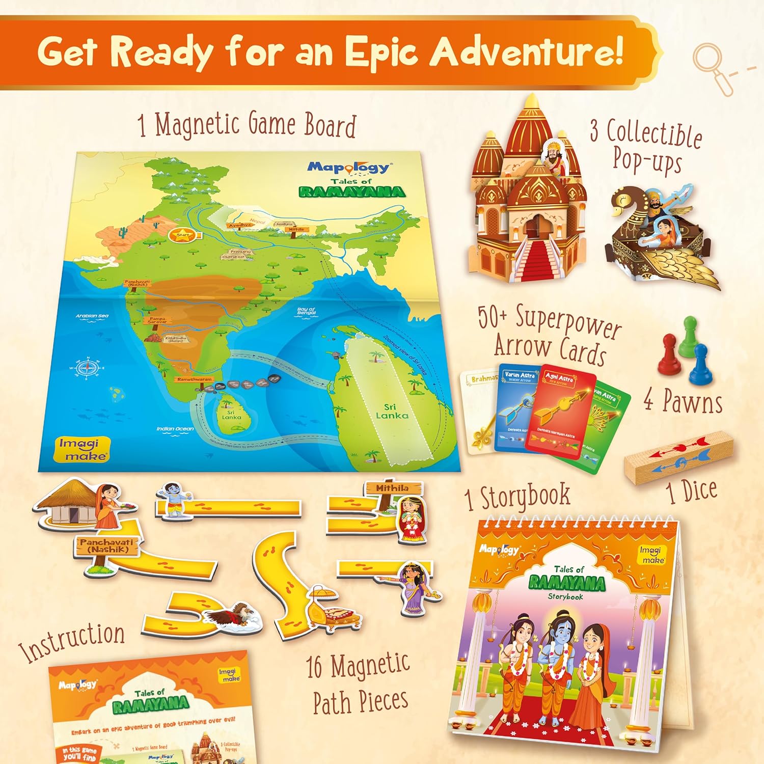 Imagimake Mapology Tales of Ramayana | 3-in-1 Fun Family Board Game | Magnetic Path Puzzle | Ramayana Storybook | Trump Cards| Gifts for Kids Age 8,9,10,11,12