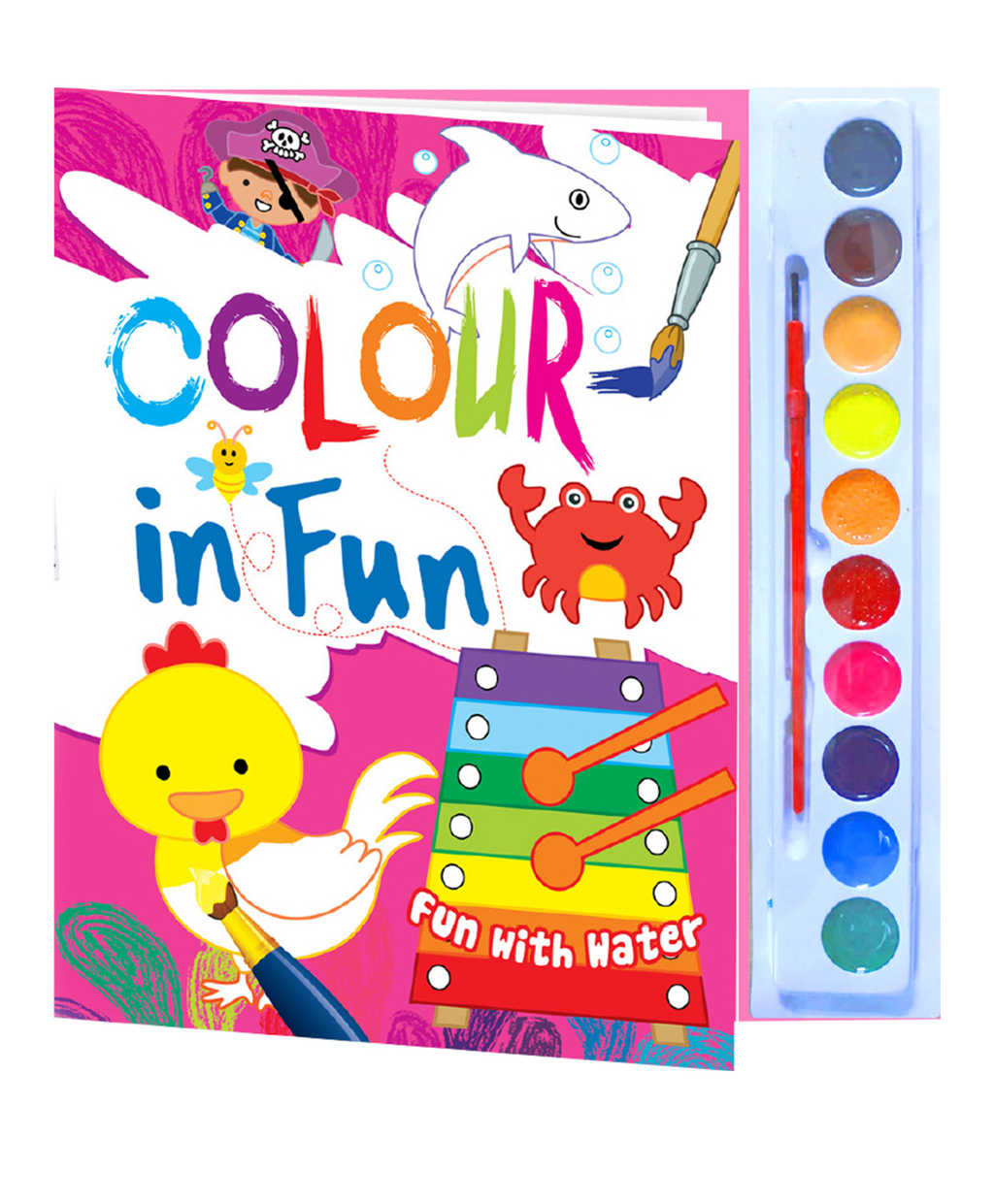 Hello Friend Books Colour in Fun Water Colouring Pad: Exciting Water Colouring with Colouring Book, Water Colours and Paint Brush (Pink)