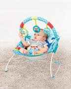 Mastela Music Vibrations Bouncer-With Removable Plaything Bar-3 Point Harness-For Infants-Turquoise