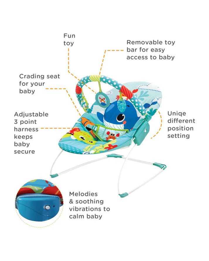 Mastela Music Vibrations Bouncer-With Removable Plaything Bar-3 Point Harness-For Infants-Turquoise