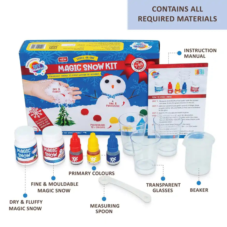 Magic Snow Kit (3-in-1), 3-99 Yrs, Instant Snow, Magically Grows to 2500%, Dry & Fluffy, Fine & Moldable, Colorful Snow 12+ Colors, Make Snowman, Christmas Decoration, Safe for Kids
