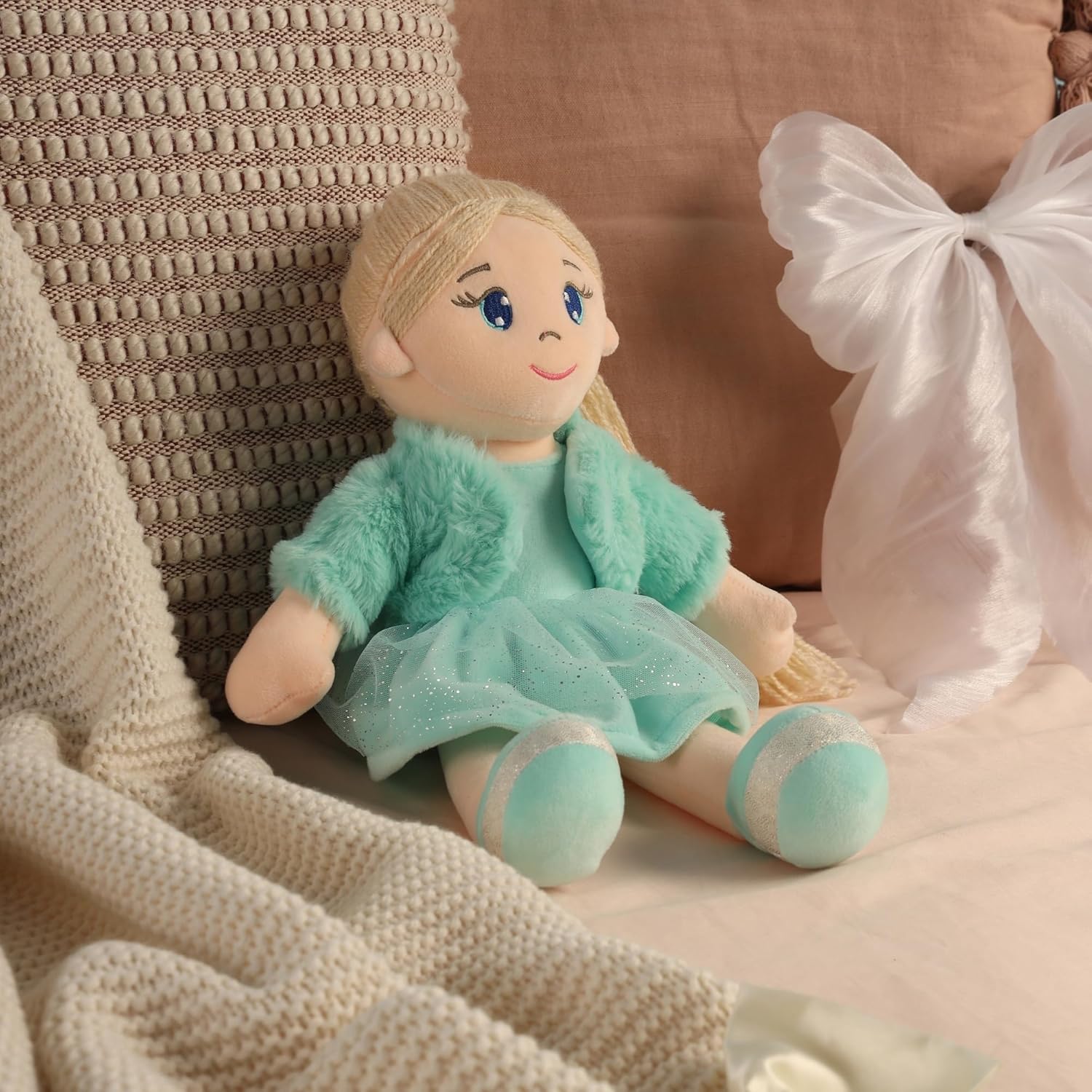 Mirada Huggable Bella Gudiya/Doll Soft Toy for Girls/Kids -42 cm |Cute Cuddle Companion | Washable and Super Soft Fabric Body |Stuffed Plush | Ideal Gift for Rakhi/Raksha Bandhan- Green Jacket