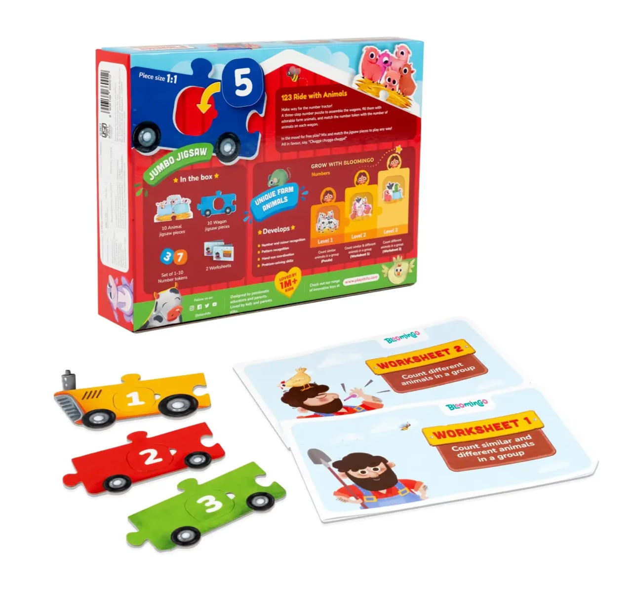 Bloomingo 123 Ride with Animals - Number Puzzle and Math Worksheets, 2Y+