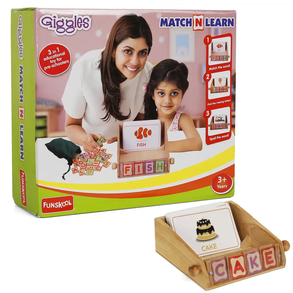 Giggles Match n Learn, Wooden Educational Toy, Learn to Read, Spell and Identify Pictures, Preschool Toy, 3 Yrs+